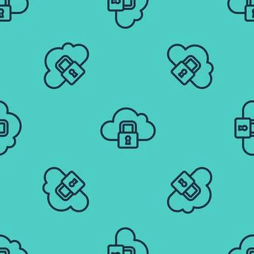 Black line Cloud computing lock icon isolated seamless pattern on green Stock Illustration