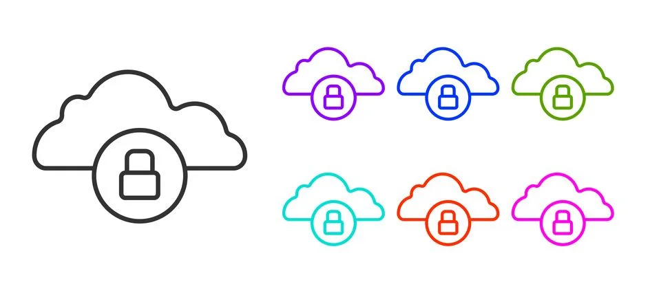 Black line Cloud computing lock icon isolated on white background. Security Stock Illustration