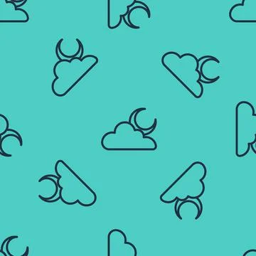 Black line Cloud with moon icon isolated seamless pattern on green background Stock Illustration