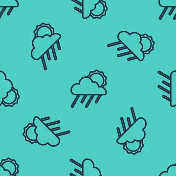 Black line Cloud with rain and sun icon isolated seamless pattern on green Illustrazione stock