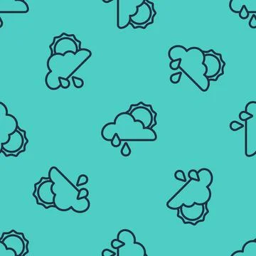 Black line Cloud with rain and sun icon isolated seamless pattern on green Illustrazione stock