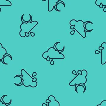 Black line Cloud with rain and moon icon isolated seamless pattern on green Stock Illustration