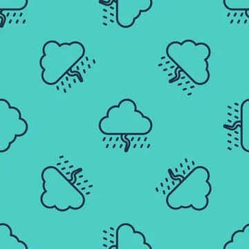 Black line Cloud with rain and lightning icon isolated seamless pattern on green 스톡 일러스트