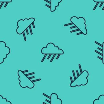 Black line Cloud with rain icon isolated seamless pattern on green background Stock Illustration