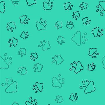 Black line Cloud with rain icon isolated seamless pattern on green background Illustrazione stock