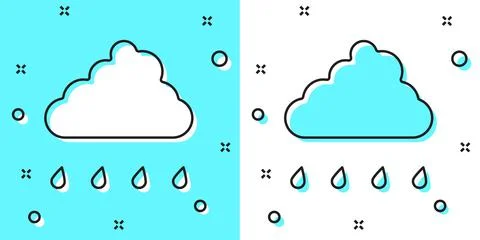 Black line Cloud with rain icon isolated on green and white background. Rain 스톡 일러스트