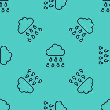 Black line Cloud with rain icon isolated seamless pattern on green background Stock Illustration