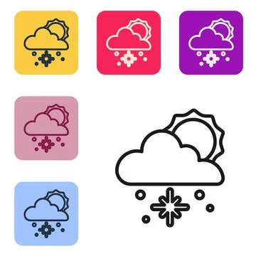 Black line Cloud with snow and sun icon isolated on white background. Cloud w 스톡 일러스트