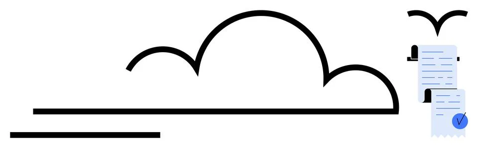 Black line cloud with two flying birds carrying a blue document featuring che 스톡 일러스트