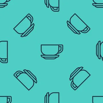 Black line Coffee cup icon isolated seamless pattern on green background. Tea 스톡 일러스트