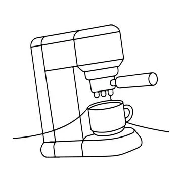 Black line coffee maker pouring coffee into cup coffee machine saucer handle Illustration