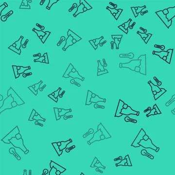 Black line Cold beer bottle icon isolated seamless pattern on green background 스톡 일러스트