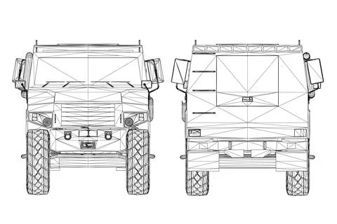 Black line combat jeep wireframe isolated on white background. Front, back .. Stock Illustration