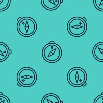 Black line Compass icon isolated seamless pattern on green background. Windrose 스톡 일러스트