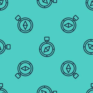 Black line Compass icon isolated seamless pattern on green background. Windrose Illustrazione stock