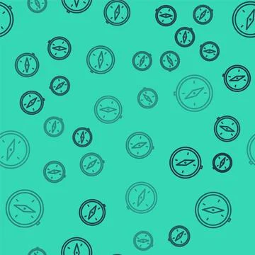 Black line Compass icon isolated seamless pattern on green background. Windrose Illustrazione stock