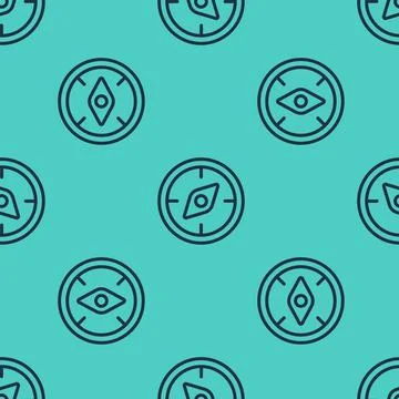 Black line Compass icon isolated seamless pattern on green background. Windrose Illustrazione stock