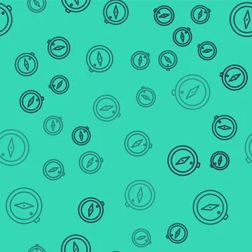 Black line Compass icon isolated seamless pattern on green background. Wind.. Stock Illustration
