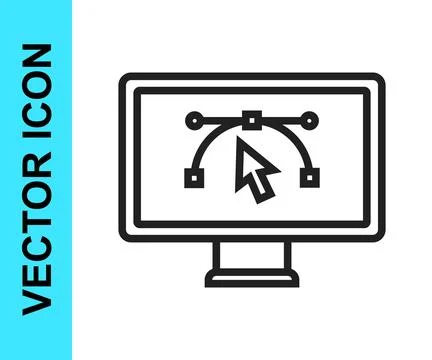 Black line Computer display with vector design program icon isolated on iso.. Illustrazione stock