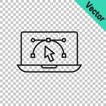 Black line Computer display with vector design program icon isolated on iso.. Illustrazione stock