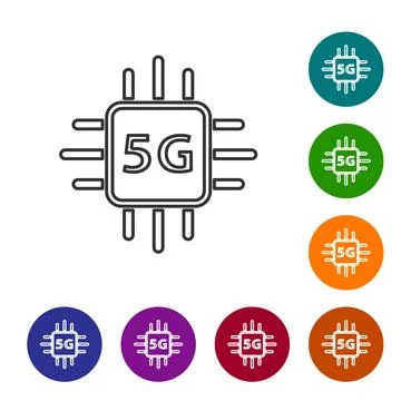 Black line Computer processor 5G with microcircuits CPU icon isolated on whit Stock Illustration