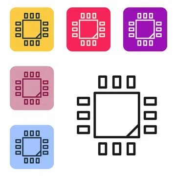 Black line Computer processor with microcircuits CPU icon isolated on white Stock Illustration
