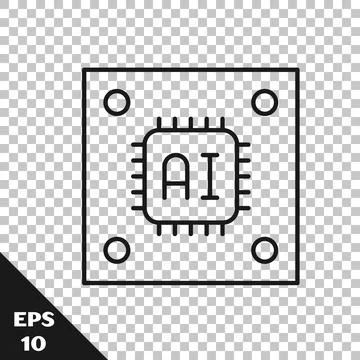 Black line Computer processor with microcircuits CPU icon isolated on Illustrazione stock