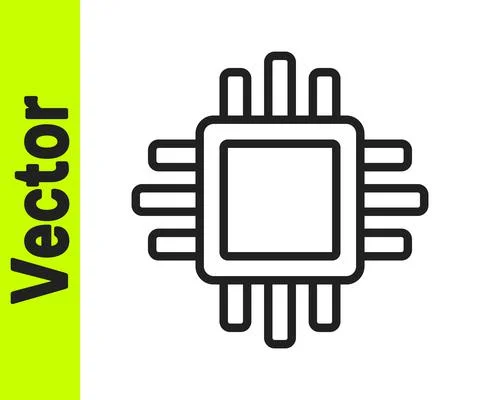 Black line Computer processor with microcircuits CPU icon isolated on white Illustrazione stock