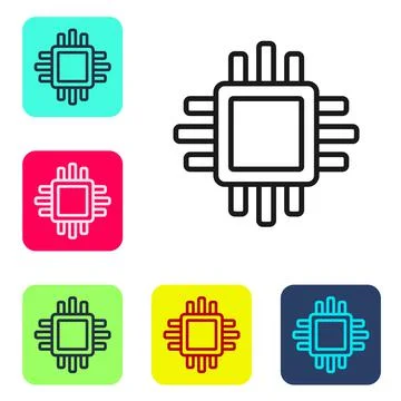 Black line Computer processor with microcircuits CPU icon isolated on white Stock Illustration