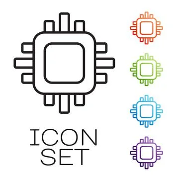 Black line Computer processor with microcircuits CPU icon isolated on white Illustrazione stock