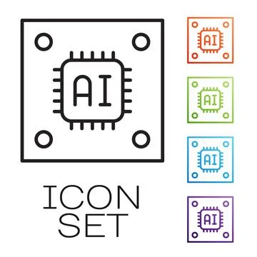 Black line Computer processor with microcircuits CPU icon isolated on white 스톡 일러스트