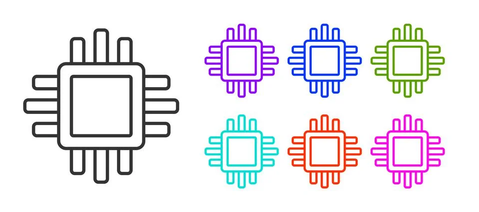 Black line Computer processor with microcircuits CPU icon isolated on white Stock Illustration