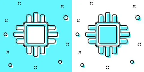 Black line Computer processor with microcircuits CPU icon isolated on green and Stock Illustration