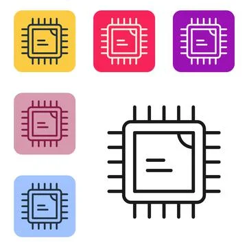 Black line Computer processor with microcircuits CPU icon isolated on white Stock Illustration