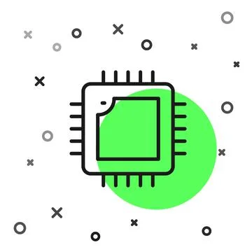 Black line Computer processor with microcircuits CPU icon isolated on white Illustrazione stock