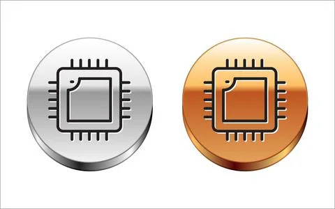 Black line Computer processor with microcircuits CPU icon isolated on white Stock Illustration