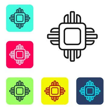 Black line Computer processor with microcircuits CPU icon isolated on white Illustrazione stock