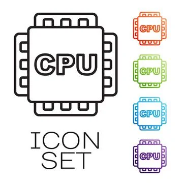 Black line Computer processor with microcircuits CPU icon isolated on white b Stock Illustration