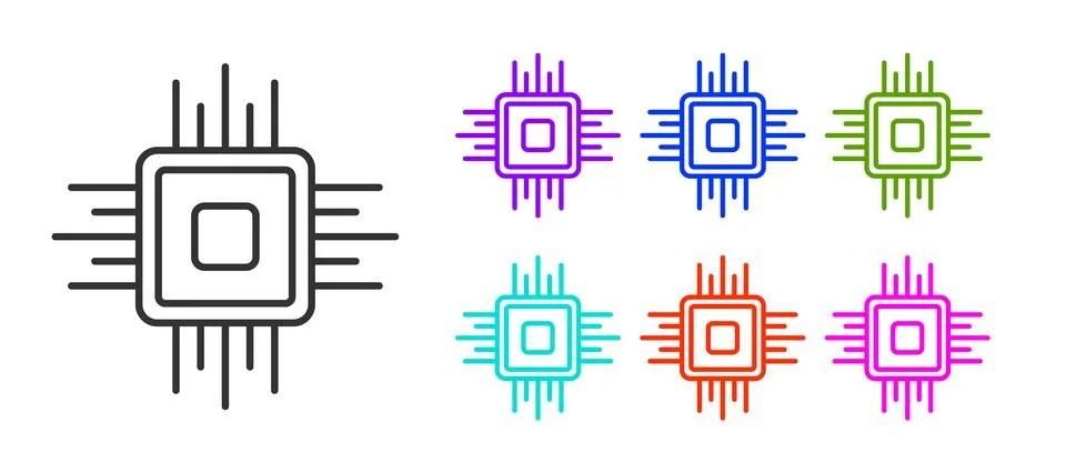 Black line Computer processor with microcircuits CPU icon isolated on white Illustrazione stock