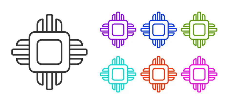 Black line Computer processor with microcircuits CPU icon isolated on white イラスト素材