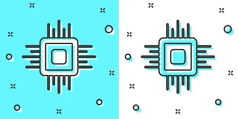 Black line Computer processor with microcircuits CPU icon isolated on green.. Stock Illustration