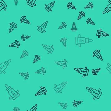 Black line Construction jackhammer icon isolated seamless pattern on green Stock Illustration
