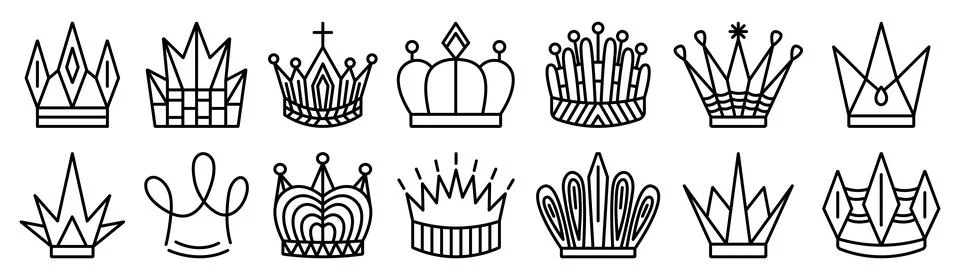 Black line crown icon vector set Stock Illustration