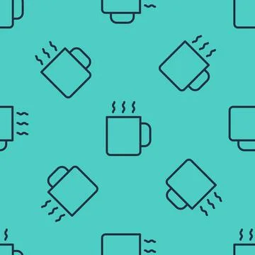 Black line Cup of tea icon isolated seamless pattern on green background.  Ve Stock Illustration