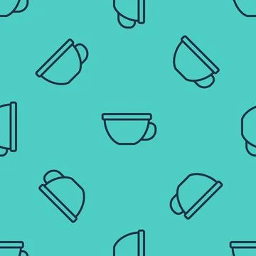 Black line Cup of tea icon isolated seamless pattern on green background.  .. Stock Illustration