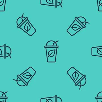Black line Cup of tea with leaf icon isolated seamless pattern on green bac.. Illustrazione stock