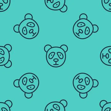 Black line Cute panda face icon isolated seamless pattern on green background Stock Illustration