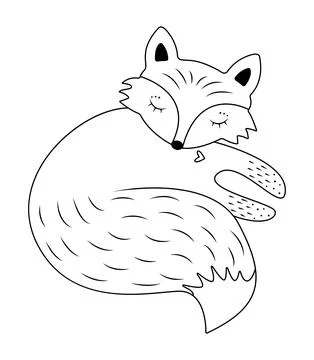 Black line cute sleeping fox Stock Illustration
