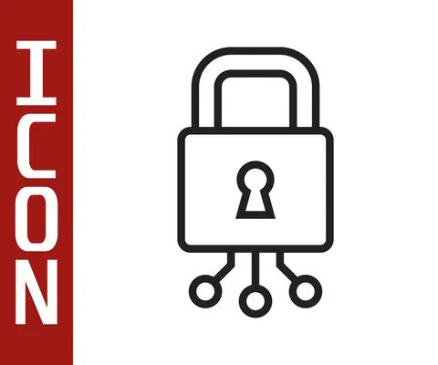 Black line Cyber security icon isolated on white background. Closed padlock on Stock Illustration