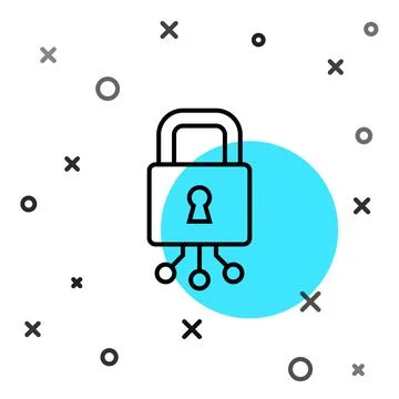 Black line Cyber security icon isolated on white background. Closed padlock on Illustrazione stock